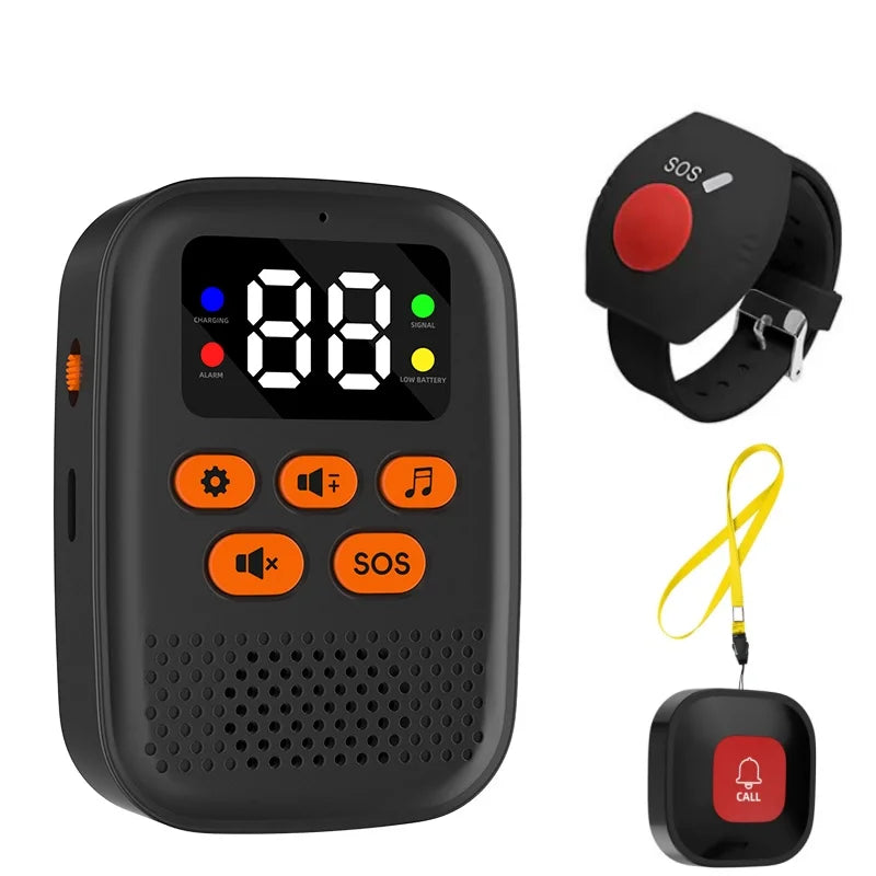 Buscapersonas SOS para ayuda con botones de llamada sin hilos: reloj y receptor vibrante con pantalla, sistema de alerta médica para personas mayores (sin WiFi) 