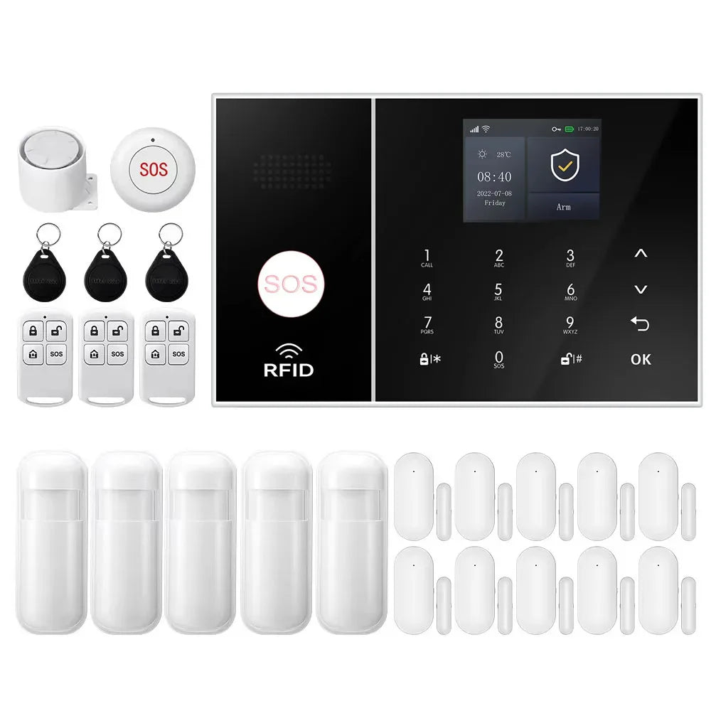 PGST Sistema de alarma para casa WiFi + GSM Tuya A108S – Kit de seguridad sin filtro con detector de movimiento y captadores de puerta/ventana
