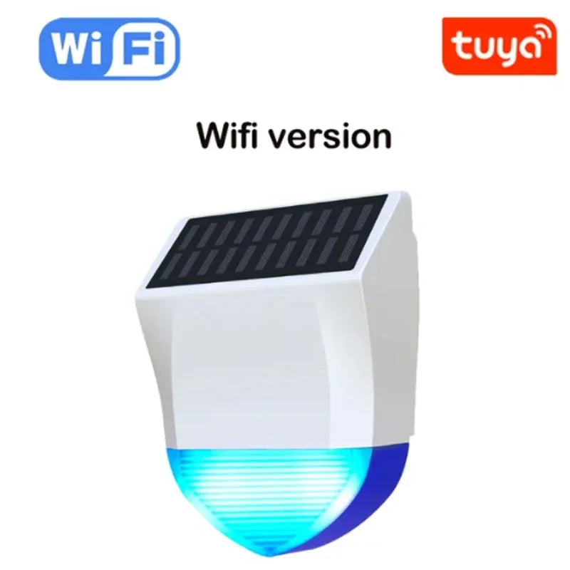 Sirène d’Alarme Extérieure Connectée Tuya WiFi ou Zigbee avec Panneau Solaire, Batterie Rechargeable et Étanchéité IPX5 – Alarme 95 dB