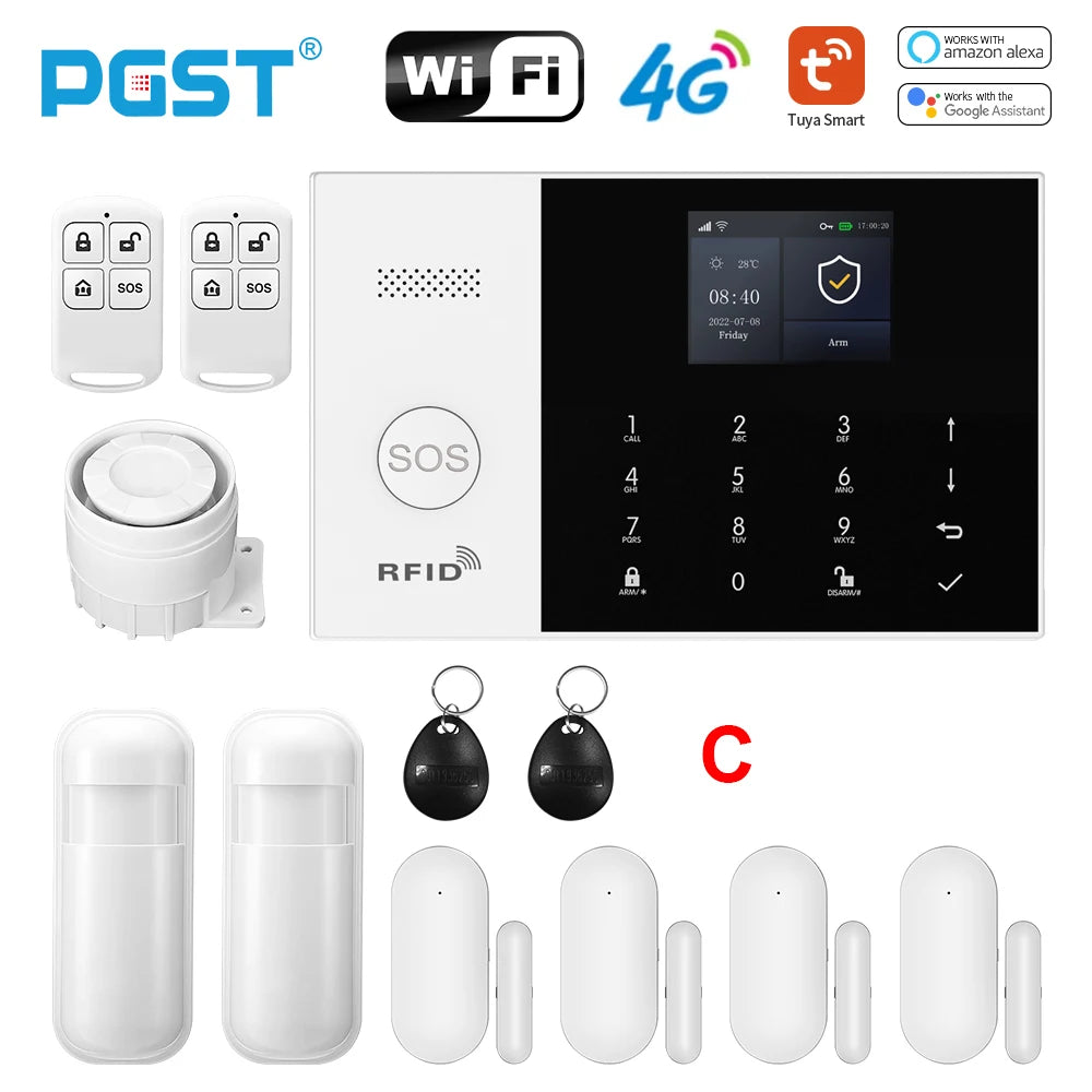 Sistema de alarma GSM Tuya PGST PG-105 con control por aplicación – Kit de seguridad conectado con detectores PIR y captadores de puerta/ventana para casa, garaje, oficina y boutique