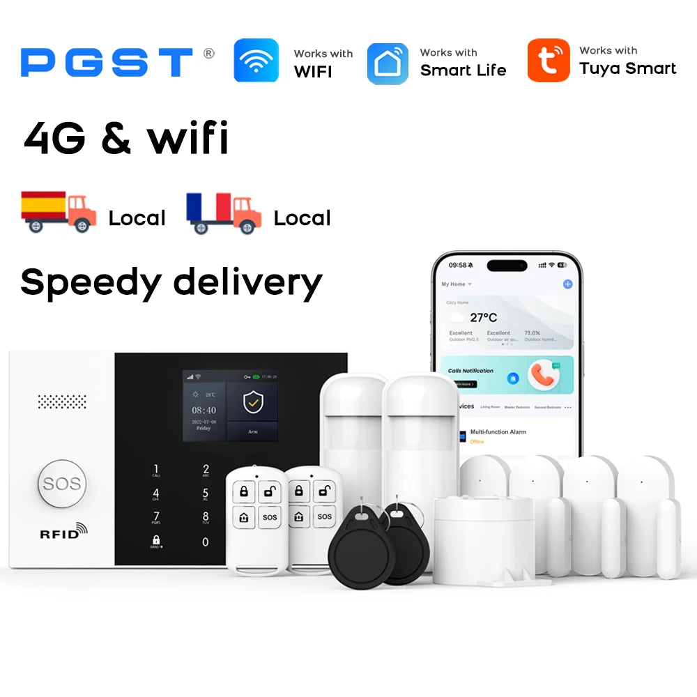Sistema de alarma GSM Tuya PGST PG-105 con control por aplicación – Kit de seguridad conectado con detectores PIR y captadores de puerta/ventana para casa, garaje, oficina y boutique
