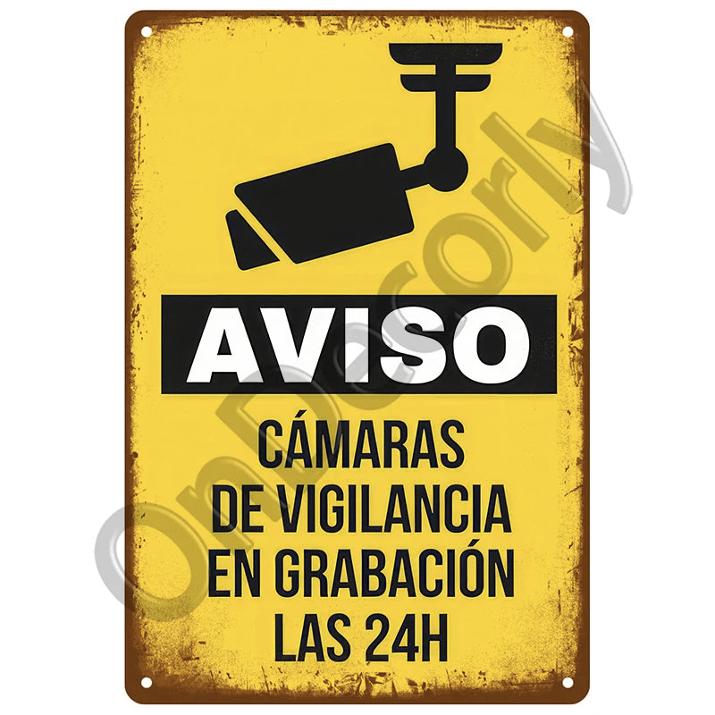 Panneau Vintage CCTV en Métal 20 x 30 cm – Plaque Murale “Vidéosurveillance 24h” pour Bar, Garage, Café et Maison