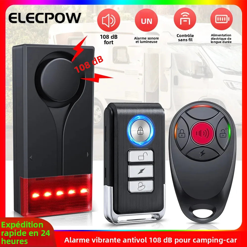 Elecpow Alarme Antivol Sans Fil 108 dB pour Voiture et Camping-Car – Détecteur de Vibration avec Télécommande et Alerte Sonore & Lumineuse