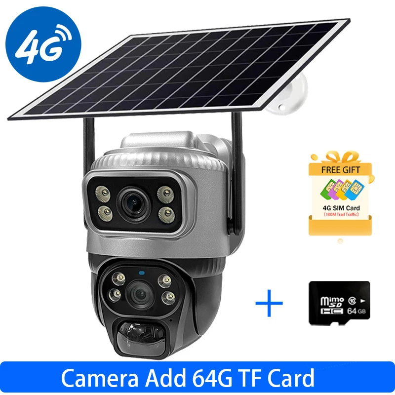 Caméra de Surveillance Solaire 4G V380 Pro 4K 8MP Double Objectif – PTZ, Détection Humaine PIR, Vision Nocturne Couleur, Batterie 8000 mAh, IP66