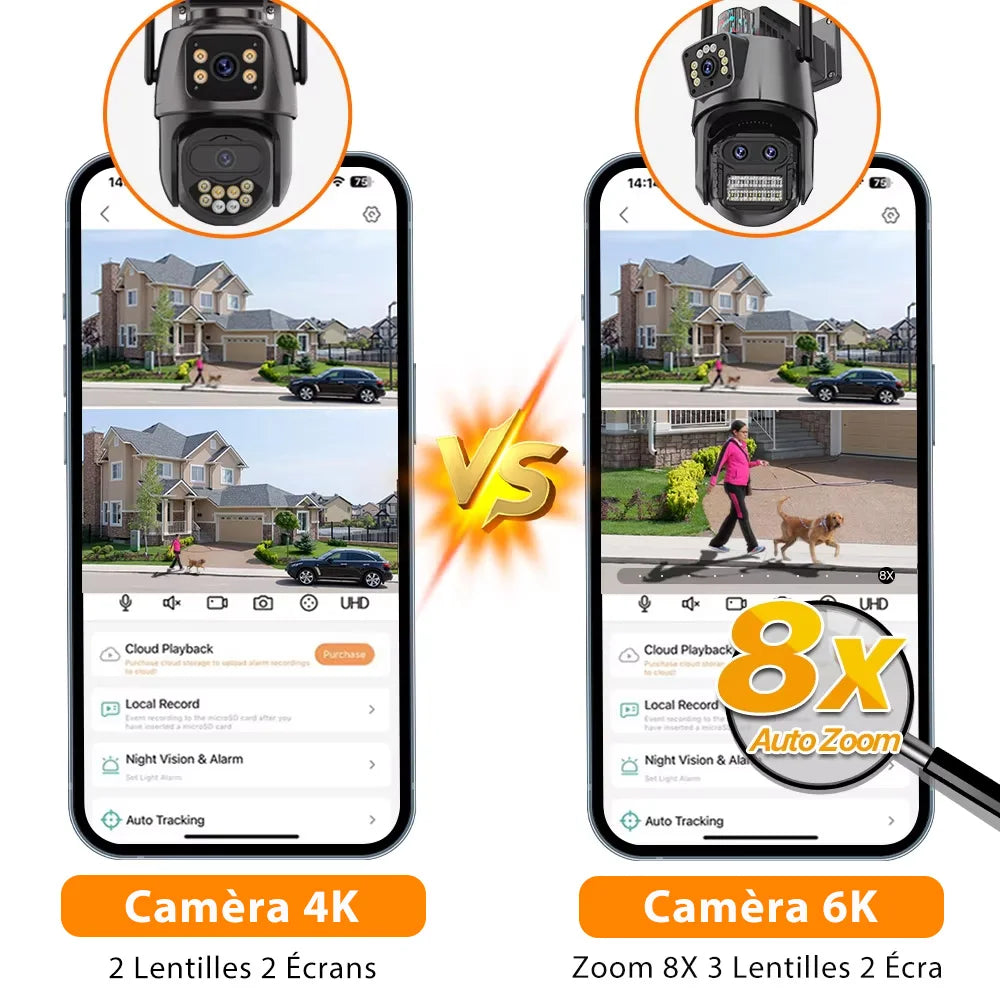 Caméra de Surveillance Wonsdar PTZ WiFi Triple Objectif 6K / Double Écran – Zoom Hybride 8X, Suivi Automatique, Vision Nocturne Couleur, Audio Bidirectionnel