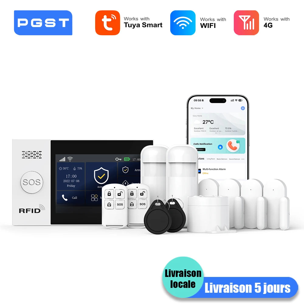 PGST A107F – Système d’Alarme Maison Connecté 4G WiFi Tuya Smart Life, Compatible Alexa et Google, Kit de Sécurité Complet