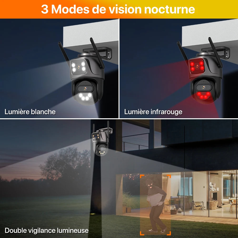 Caméra de Surveillance Wonsdar 4K PTZ WiFi Double Objectif – 8MP, Double Écran, Suivi Automatique, Vision Nocturne Couleur, Audio Bidirectionnel IP66