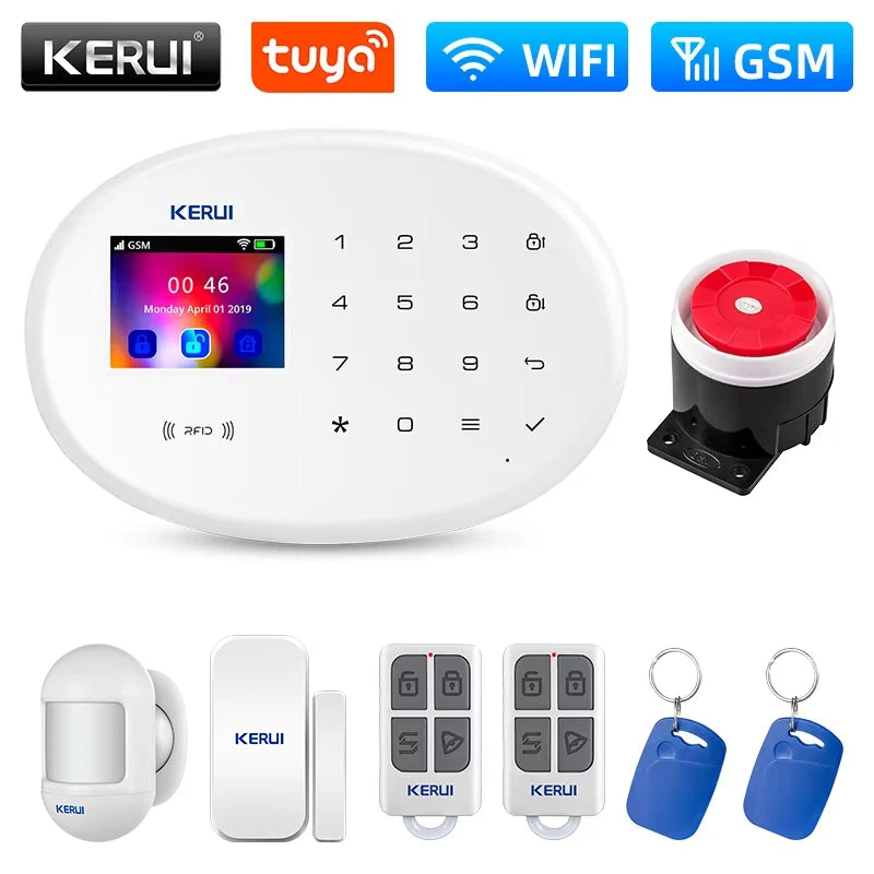 Système d’Alarme Maison KERUI W202 WiFi GSM – Kit de Sécurité Connecté Tuya avec Détecteur de Mouvement et Capteur d’Ouverture Compatible Alexa
