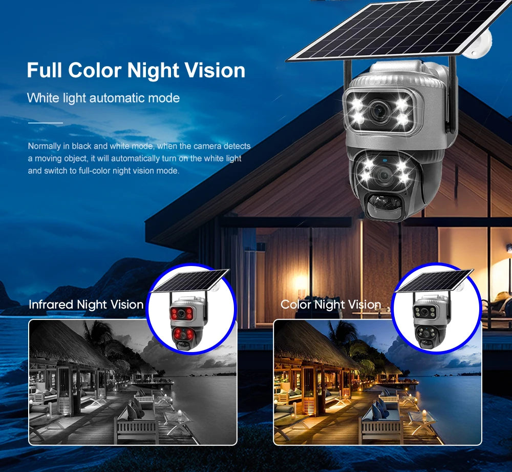 Caméra de Surveillance Solaire 4G V380 Pro 4K 8MP Double Objectif – PTZ, Détection Humaine PIR, Vision Nocturne Couleur, Batterie 8000 mAh, IP66