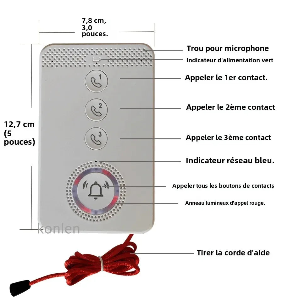 Teléfono SOS 4G con botón Unique KONLEN – Alarma de urgencia con llamada y SMS para personas mayores, niños y personas dependientes