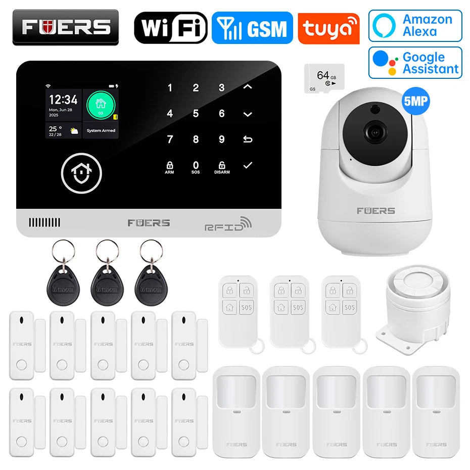 FUERS G03 – Hausalarmsystem mit Tuya-WiFi- und GSM-Verbindung, 2,4-Zoll-Farbbildschirm, Kit Sécurité Sans Fil mit Tür- und Bewegungsmelder