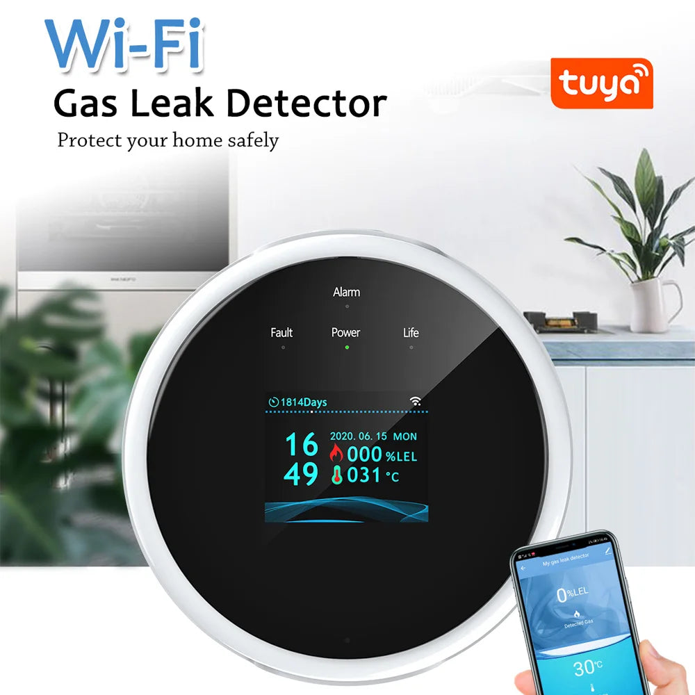 Detecteur de Fuite de Gaz WiFi Connecté Tuya avec Écran et Alarme Vocale – Alarme Gaz Intelligente pour Cuisine, Maison, Camping-Car et RV