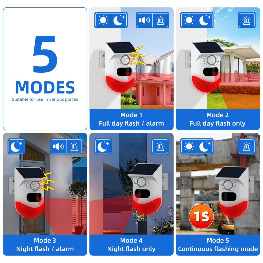Alarme Extérieure Solaire Infrarouge Autonome 120 dB – Sirène Anti-intrusion Étanche IP67 avec Signal Sonore et Lumineux 