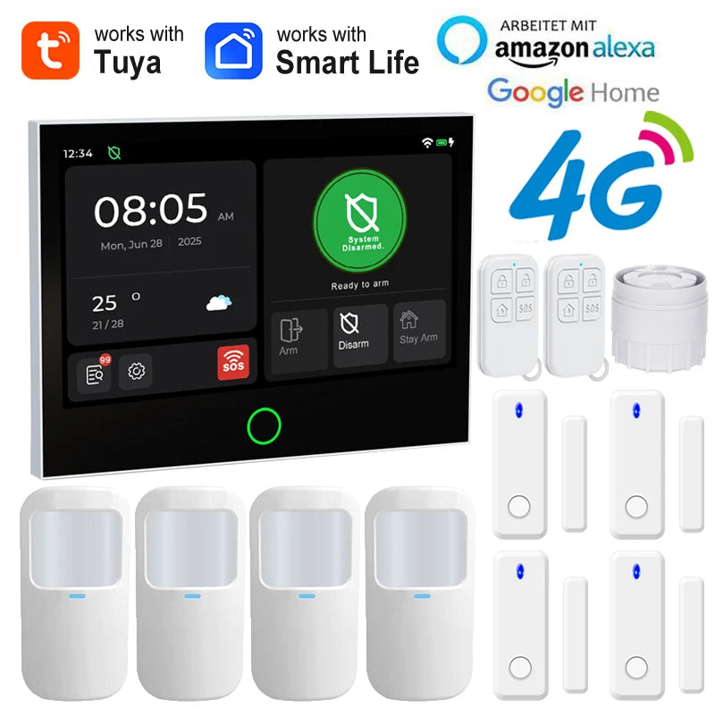 Système d’Alarme Maison Connecté Tuya WiFi 4G Earykong ER-G74 – Écran Tactile, Sirène, Contrôle App, Compatible Alexa et Google