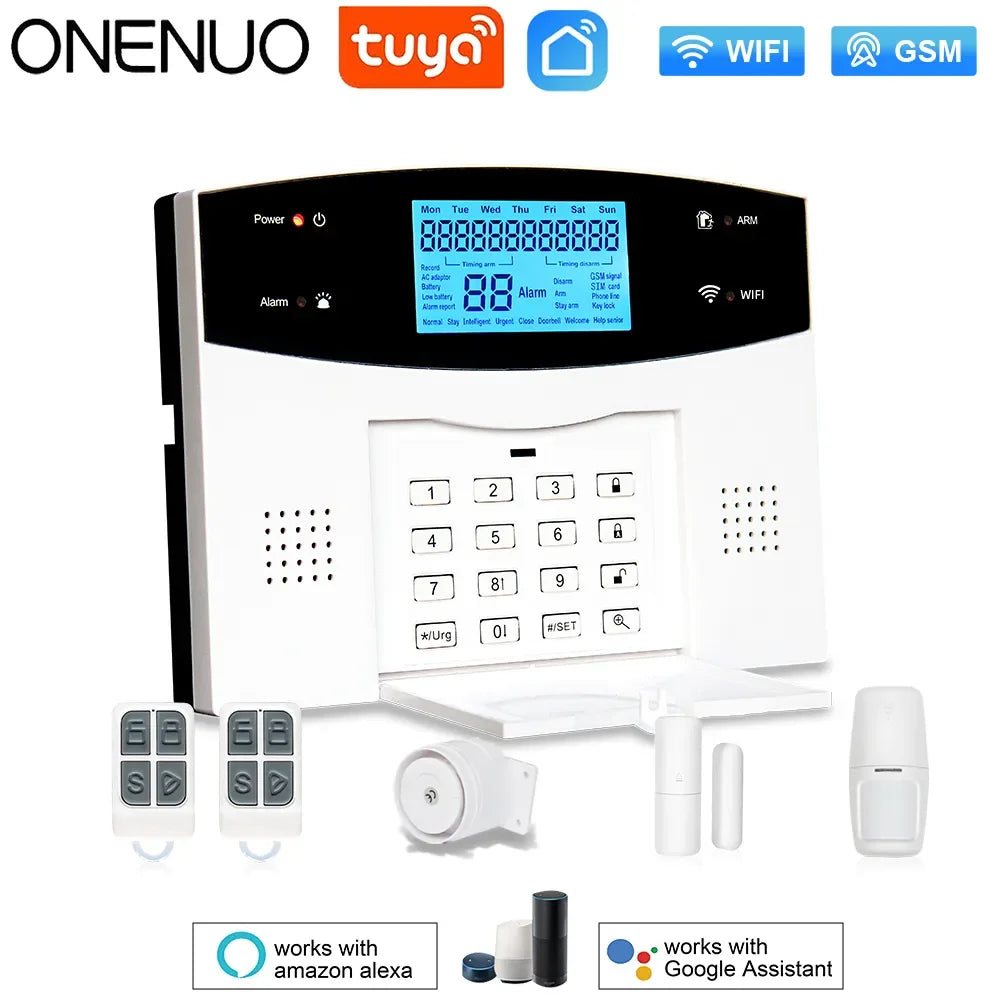 ONENUO 99AST – Hausalarmsystem mit Tuya-WiFi- und GSM-Verbindung, LCD-Bildschirm, Einbruchschutz ohne Filter und Fernsteuerung 