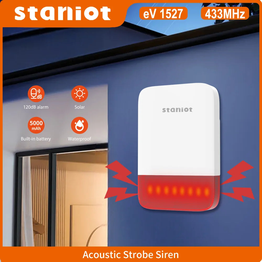 Titre du produit : Sirène Sans Fil Staniot 120 dB avec Flash Lumineux – Batterie 5000 mAh, Recharge Solaire, Étanche Intérieur et Extérieur