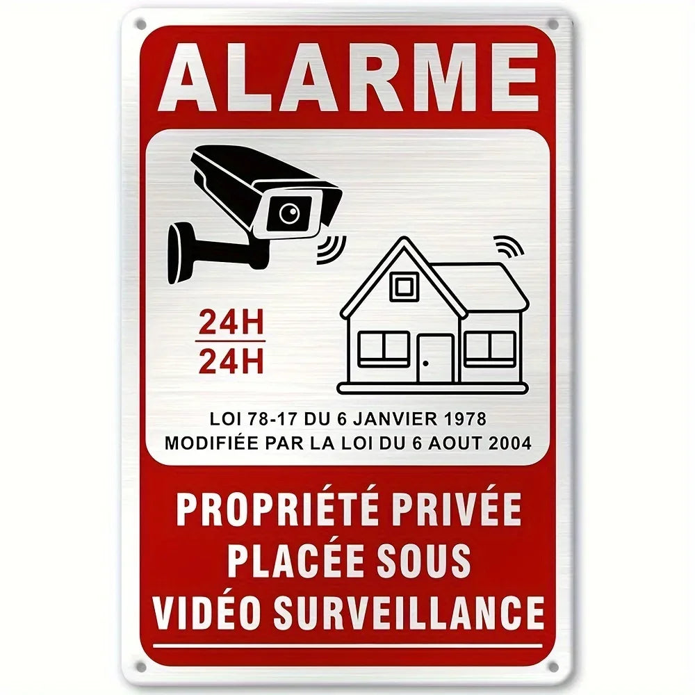 Panneau de Sécurité Vintage en Métal – Avertissement Vidéosurveillance 24/7 avec Caméra – Plaque Murale Rouge et Blanche pour Maison et Commerce