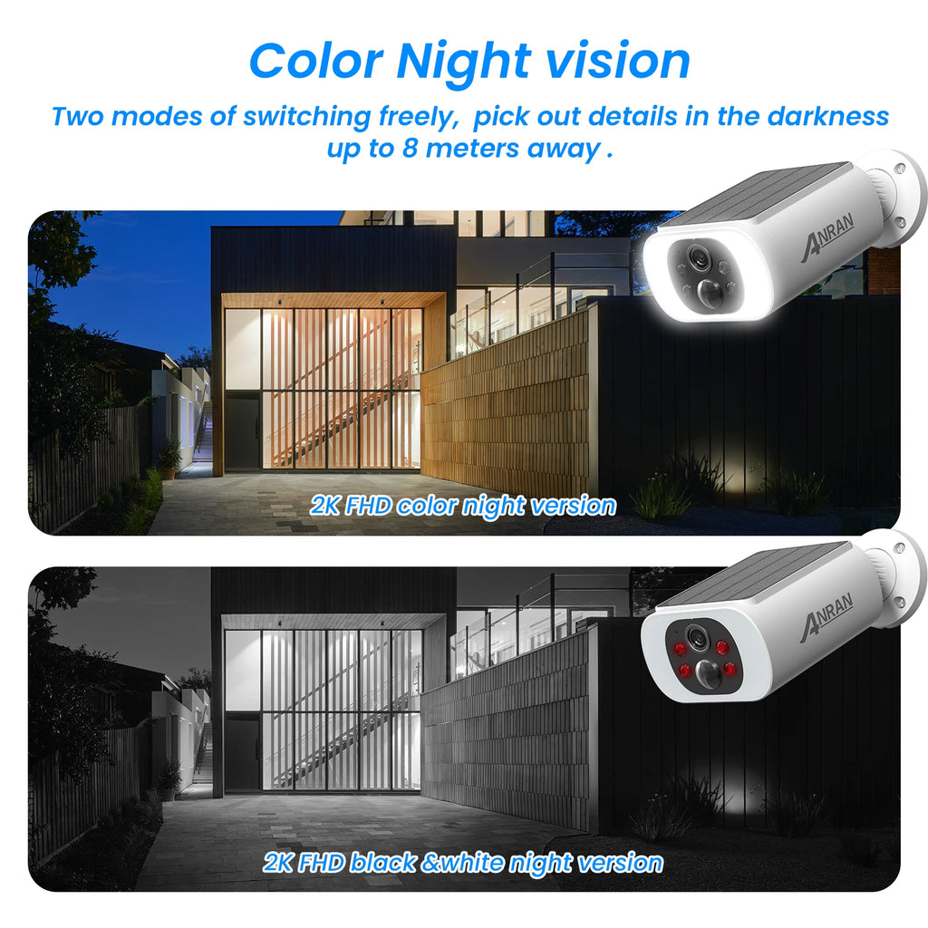 Caméra de Surveillance Solaire ANRAN 2K 3MP Extérieure Sans Fil – Détection Humaine, Vision Nocturne Couleur, Projecteur et Audio Bidirectionnel