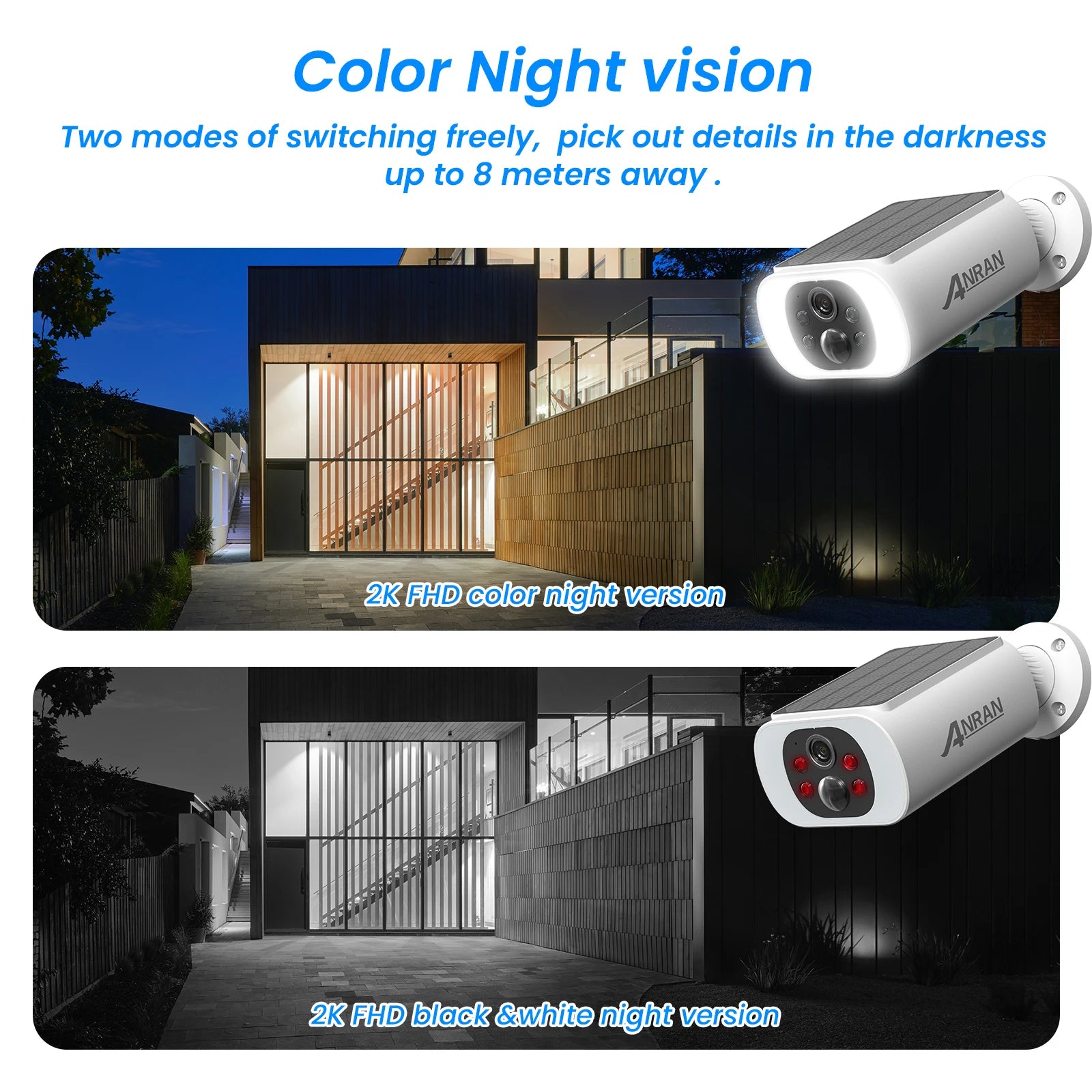 Caméra de Surveillance Solaire ANRAN 2K 3MP Extérieure Sans Fil – Détection Humaine, Vision Nocturne Couleur, Projecteur et Audio Bidirectionnel