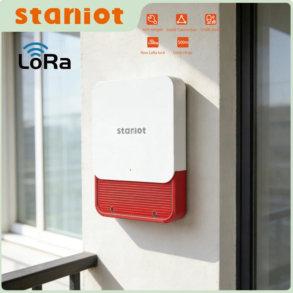 Sirène Stroboscopique Sans Fil LoRa 115 dB Staniot – Portée 500 m, Batería integrada, Alarma interior antisabotaje