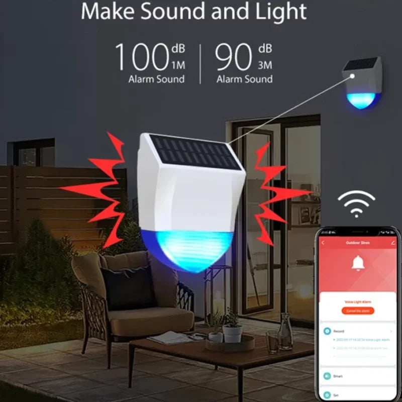 Sirène d’Alarme Extérieure Connectée Tuya WiFi ou Zigbee avec Panneau Solaire, Batterie Rechargeable et Étanchéité IPX5 – Alarme 95 dB