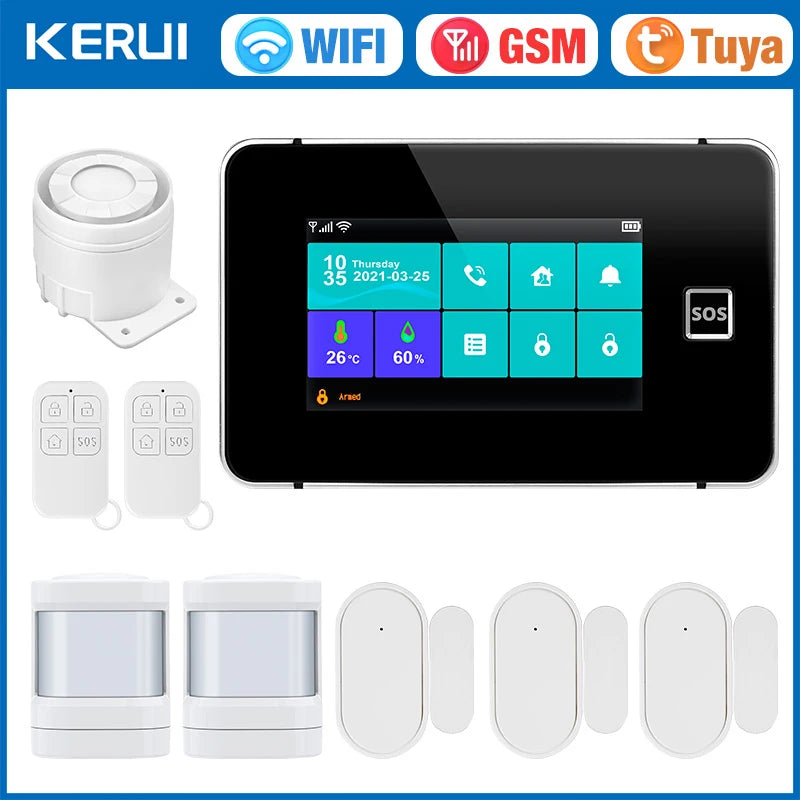 KERUI G60B – Hausalarmsystem mit Tuya-WiFi- und GSM-Verbindung mit taktilem 4,3-Zoll-Touchscreen, Temperatur- und Luftfeuchtigkeitsanzeige