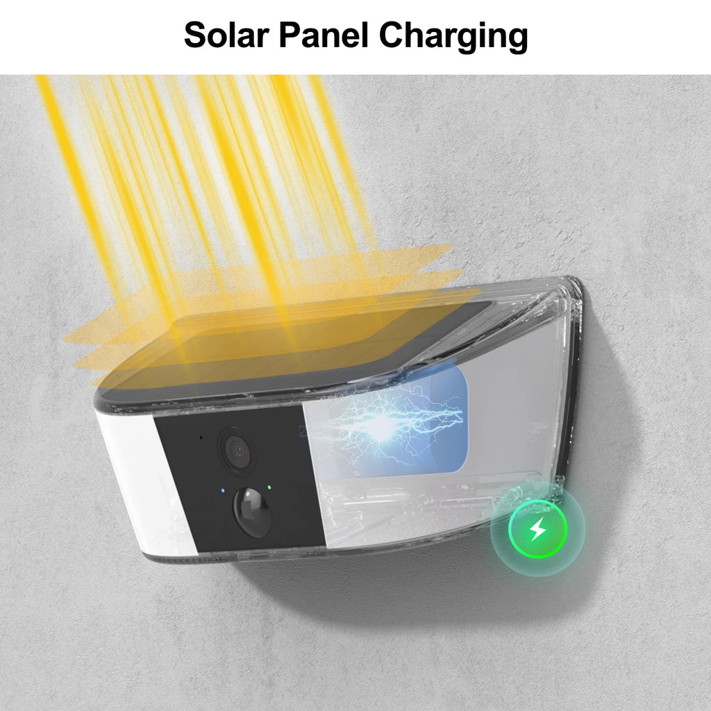 Caméra Solaire Murale 2K avec Éclairage LED – 3MP, Détection Humaine, Vision Nocturne Couleur, Batterie 5200 mAh, Alarme et Audio Bidirectionnel IP66