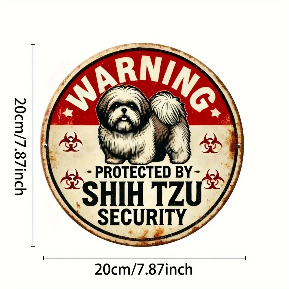 Panneau Vintage “Chien de Garde” Shih Tzu en Aluminium – Plaque Ronde Décorative et Sécurité pour Maison, Garage et Boutique