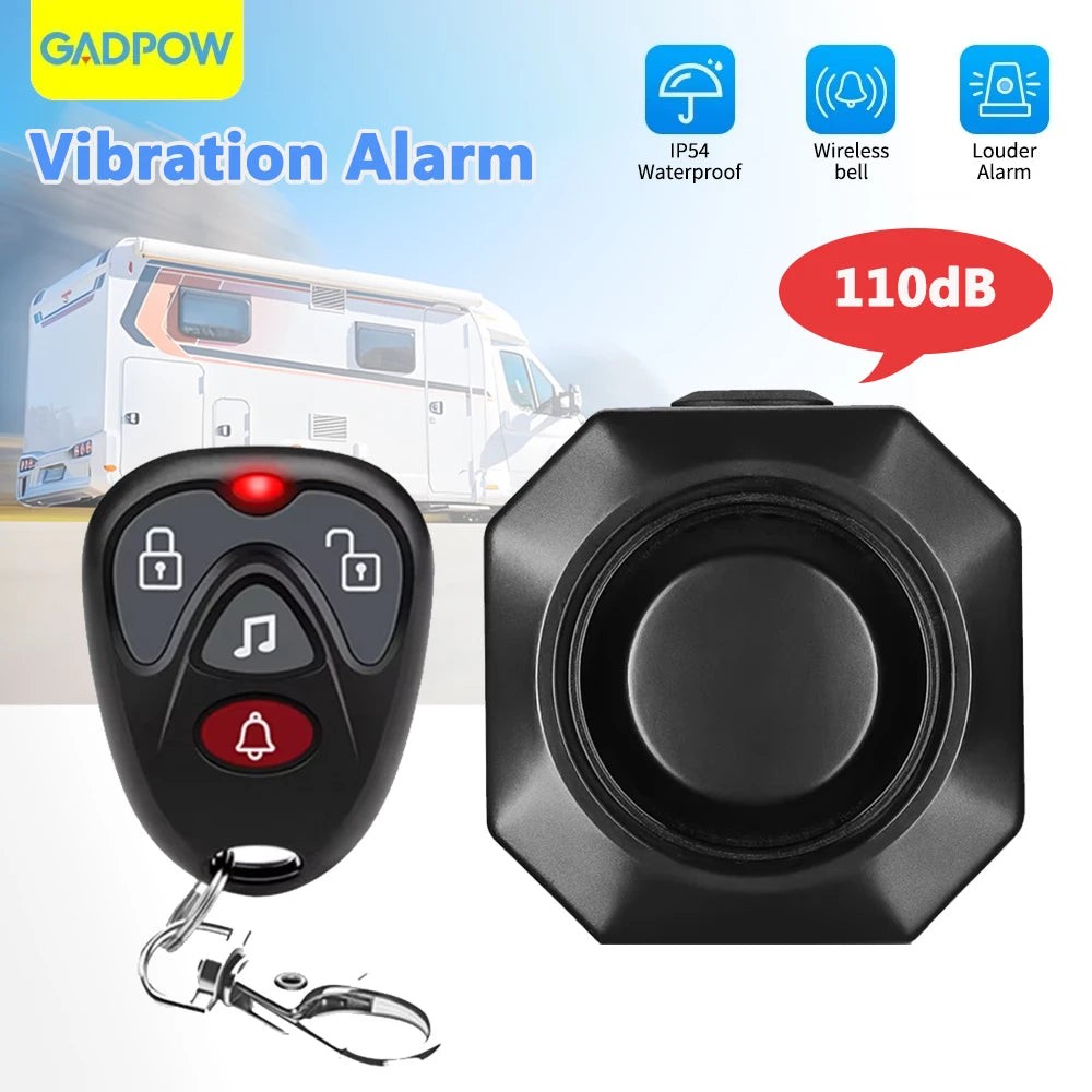 Gadpow Alarme Antivol à Vibration Rechargeable 110 dB – Système de Sécurité Étanche avec Télécommande pour Voiture, Camping-Car, Moto et Vélo