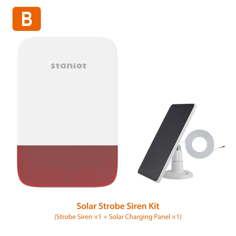 Titre du produit : Sirène Sans Fil Staniot 120 dB avec Flash Lumineux – Batterie 5000 mAh, Recharge Solaire, Étanche Intérieur et Extérieur