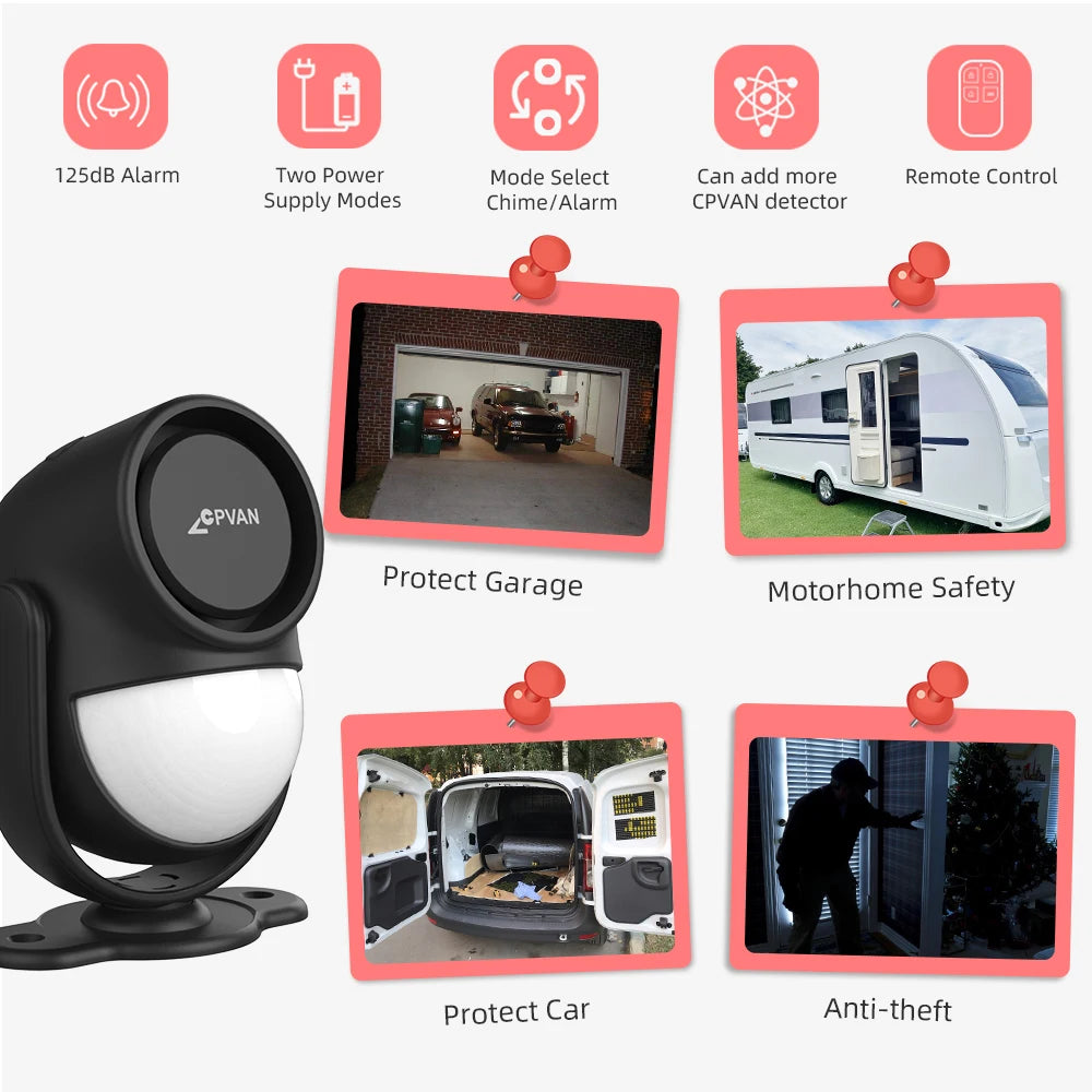 CPVAN CP2 Pro – Detector de movimiento infrarrojo sin hilos 433 MHz con mando a distancia y sirena 125 dB para seguridad en casa 