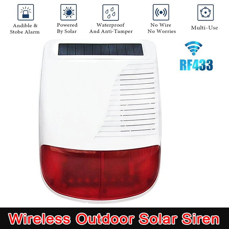 Sirène Extérieure Sans Fil Solaire 433 MHz 110 dB avec Flash – Étanche IP65 et Batterie Longue Autonomie