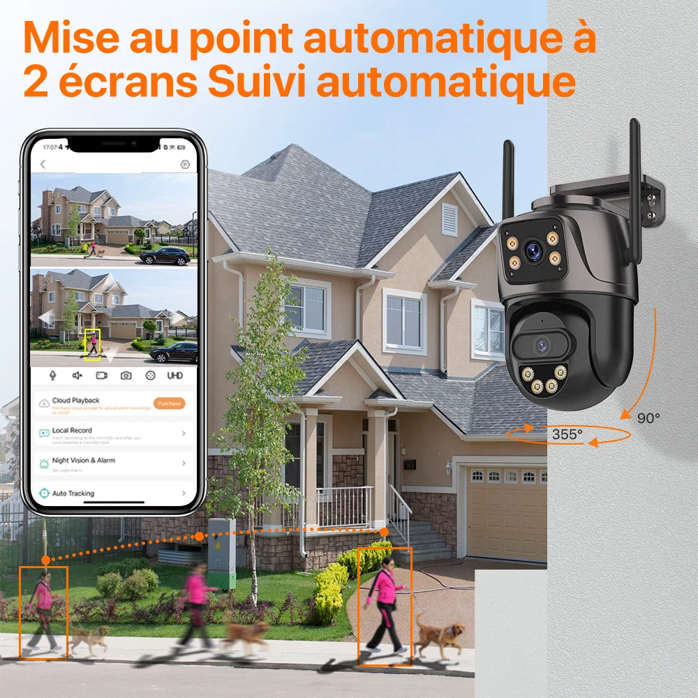 Caméra de Surveillance Wonsdar 4K PTZ WiFi Double Objectif – 8MP, Double Écran, Suivi Automatique, Vision Nocturne Couleur, Audio Bidirectionnel IP66