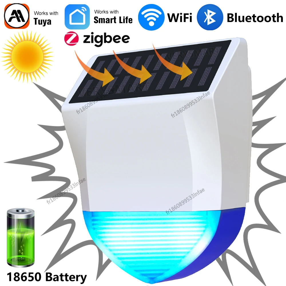 Alarma exterior Solaire Connectée Tuya WiFi/Bluetooth con detector de movimiento PIR – Sirène Étanche con alerta de sonido y luz 