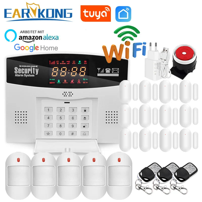 Earykong ER-TW99C – Hausalarmsystem mit WiFi- und GSM-Verbindung, Farbbildschirm, integrierter Sirene, Sonnenfunktion und Sans-Fil-Detektoren