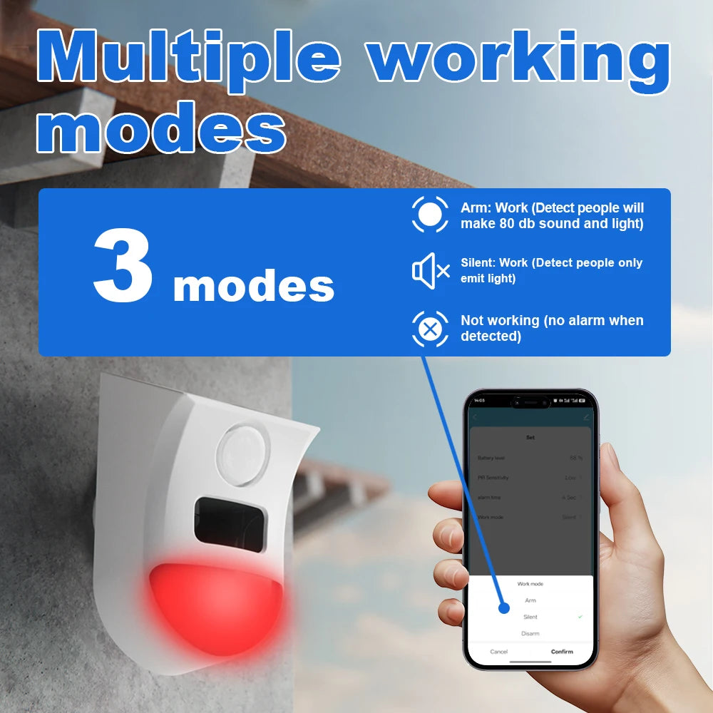 Solar-WLAN-Außenalarmanlage mit PIR-Detektor ONENUO 108WT – 120 dB, Schutzart IP65, Steuerung über Anwendung