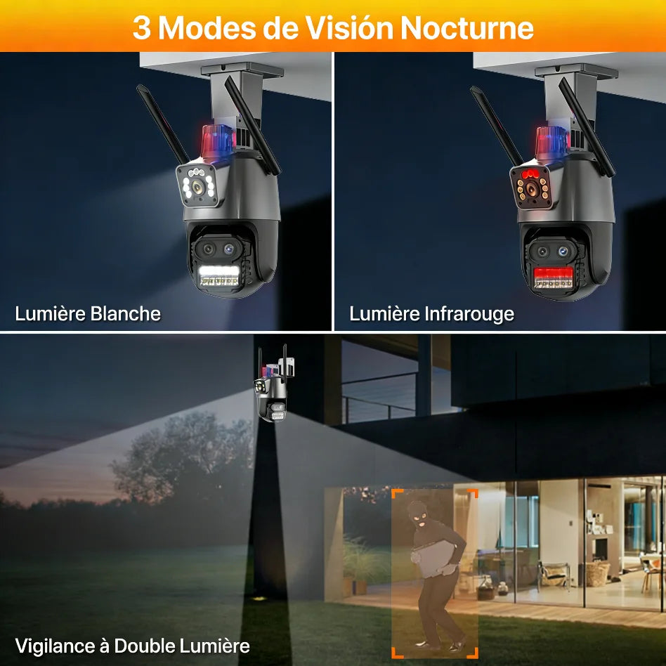 Caméra de Surveillance Wonsdar PTZ WiFi Triple Objectif 6K / Double Écran – Zoom Hybride 8X, Suivi Automatique, Vision Nocturne Couleur, Audio Bidirectionnel