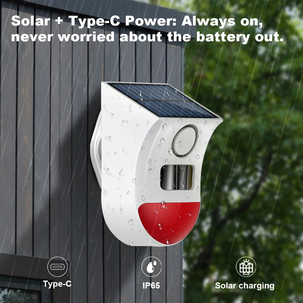 Sirena de alarma exterior solar WiFi con detector PIR ONENUO 108WT – 120 dB, Étanche IP65, control mediante aplicación