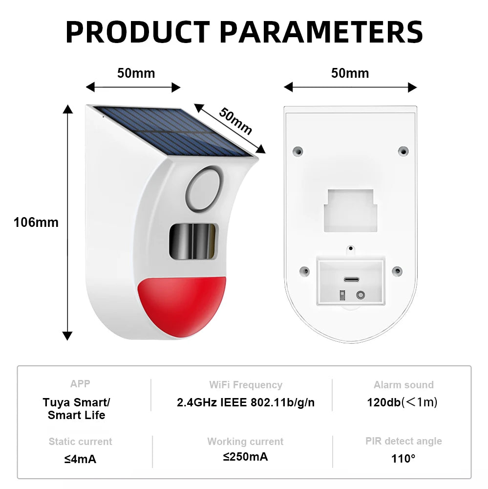 Solar-WLAN-Außenalarmanlage mit PIR-Detektor ONENUO 108WT – 120 dB, Schutzart IP65, Steuerung über Anwendung