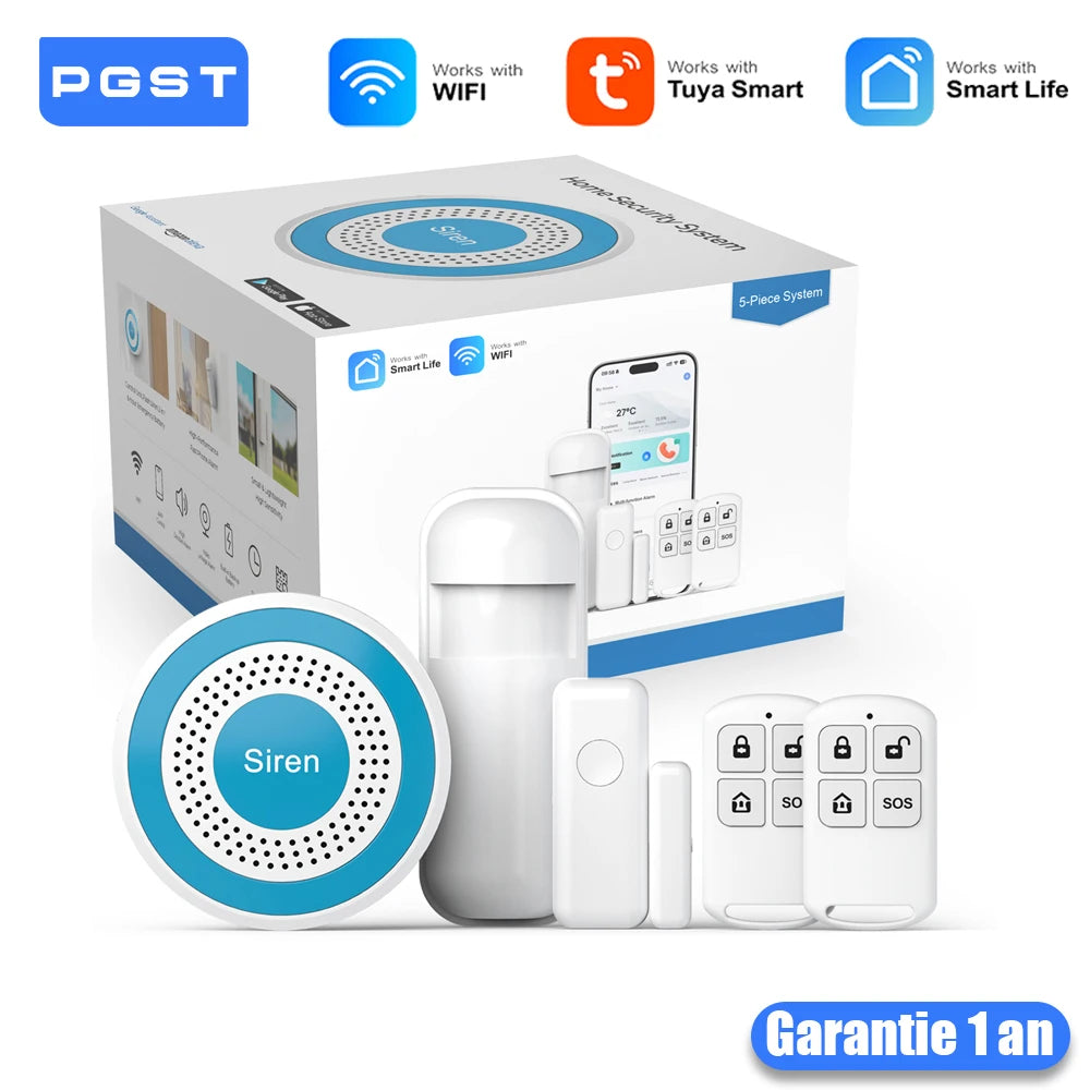 PGST A519W – WiFi-Tuya-kompatibles Alexa-Alarmsystem für den Heimgebrauch, Sans Fil-Sicherheitskit mit Bewegungsmelder und Tür-/Fensterschutz