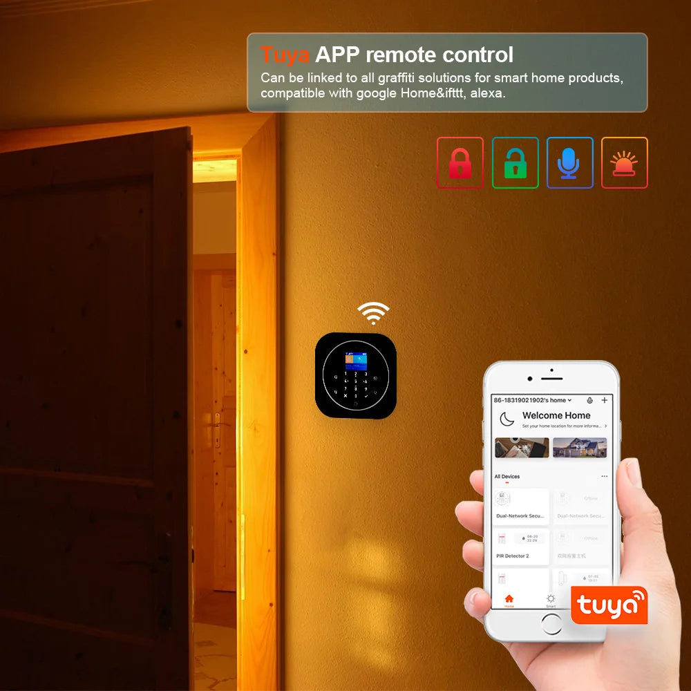 KERUI G12 – Drahtloses WLAN- und GSM-Alarmsystem für den Heimgebrauch mit Tuya-Anwendung, farbigem Bildschirm, Tür- und Bewegungsmelder