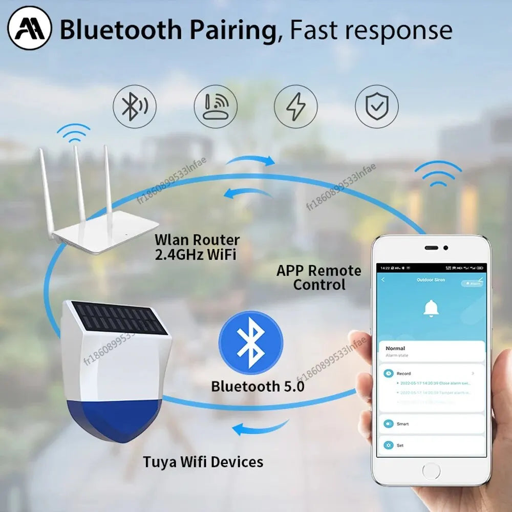 Alarma exterior Solaire Connectée Tuya WiFi/Bluetooth con detector de movimiento PIR – Sirène Étanche con alerta de sonido y luz 