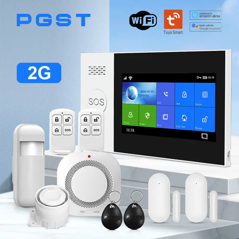 PGST PG107 – Sistema de alarma Maison Connecté Tuya con pantalla táctil 4,3", WiFi y GSM, detectores de movimiento y humo