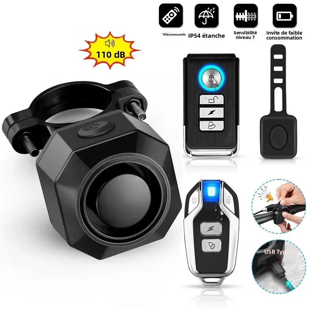 Extractme Alarme Vélo et Moto Sans Fil 110 dB Rechargeable USB – Détecteur de Vibration Étanche IPX5 pour Vélo, Scooter et Deux-Roues