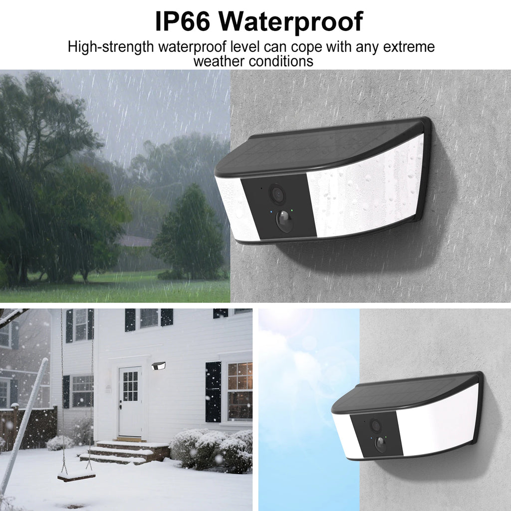 Caméra Solaire Murale 2K avec Éclairage LED – 3MP, Détection Humaine, Vision Nocturne Couleur, Batterie 5200 mAh, Alarme et Audio Bidirectionnel IP66