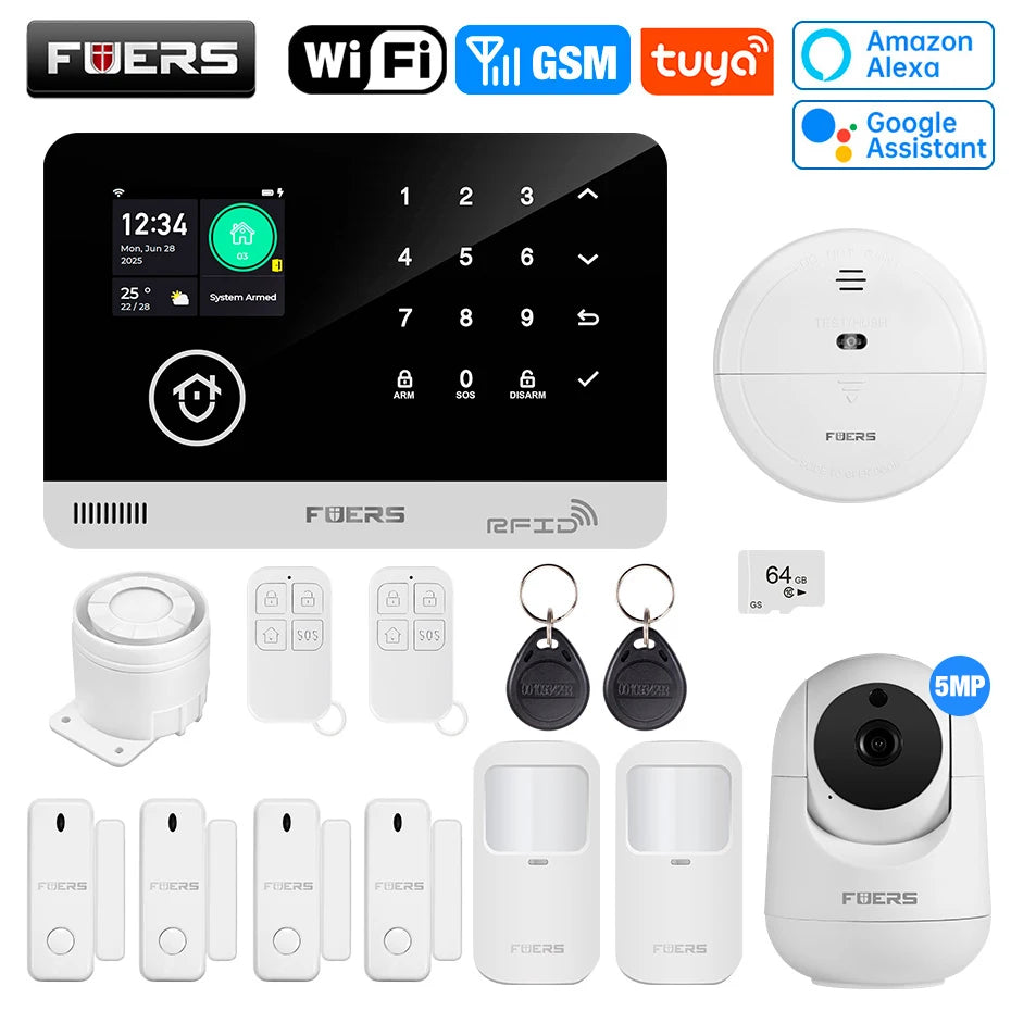 FUERS G03 – Hausalarmsystem mit Tuya-WiFi- und GSM-Verbindung, 2,4-Zoll-Farbbildschirm, Kit Sécurité Sans Fil mit Tür- und Bewegungsmelder
