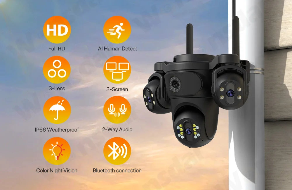 Caméra de Surveillance Extérieure WONSDAR WiFi à Trois Objectifs et Trois Écrans – Suivi Automatique, Vision Nocturne Couleur, Audio Bidirectionnel et IP66